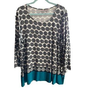 Chico’s size 3 (XL) white black teal polka dot lightweight 3/4 sleeve top